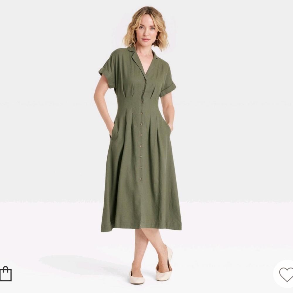 Universal Thread Short Sleeve Button Front Linen Women's Dress Olive Green Size